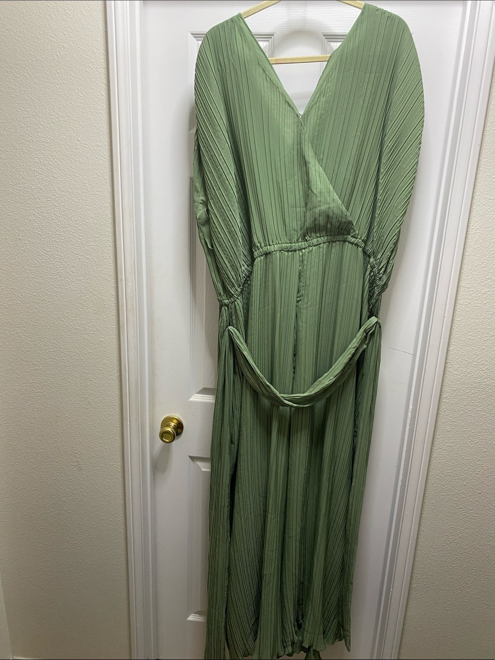 New York & Company Sage Green Pleated Wrap Maxi Dress